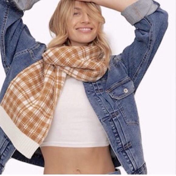 NWT Timberland Buffalo Plaid Rectangle Scarf Tan & White Streetwear Fall Outdoor - Picture 6 of 9